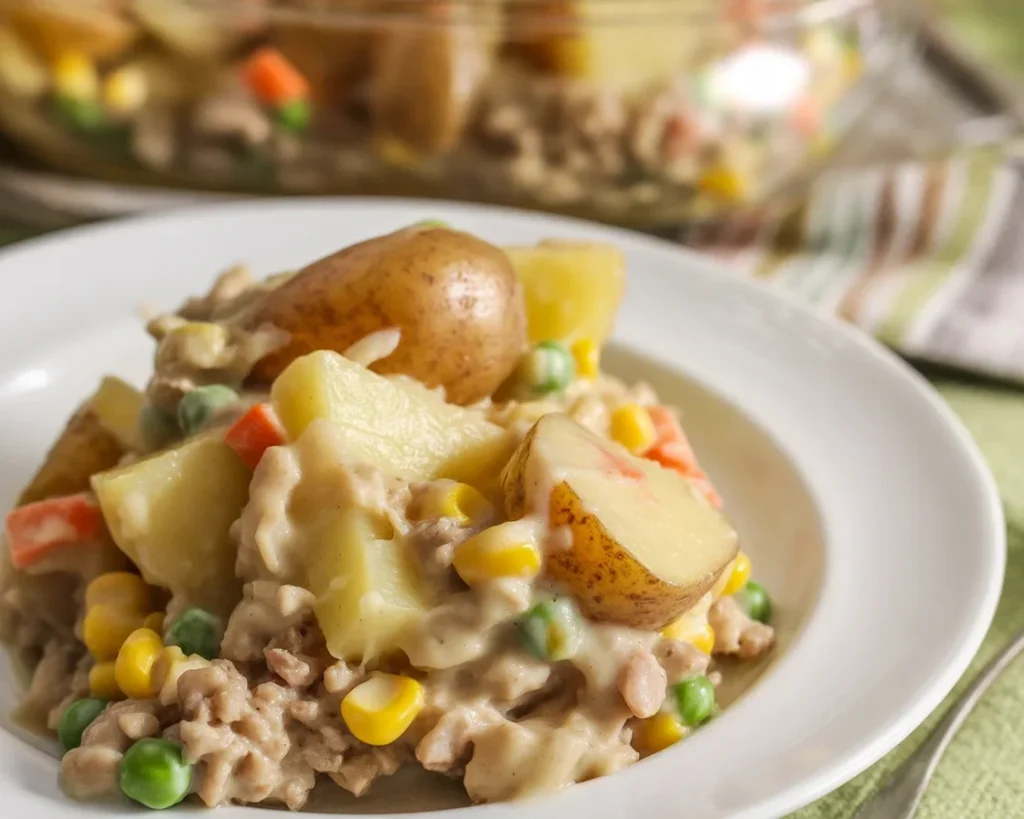 Delicious turkey potato casserole with layers of turkey, potatoes, and cheese