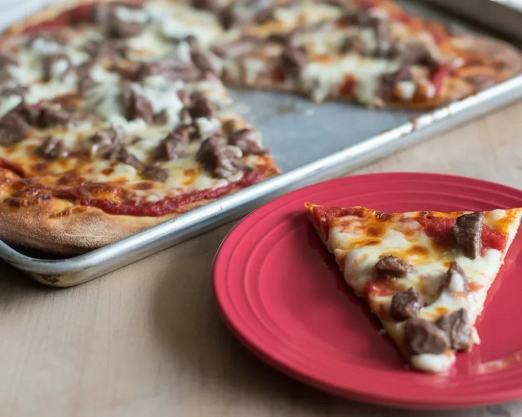 Delicious beef pizza topping with ground beef, onions, and peppers on a homemade pizza.