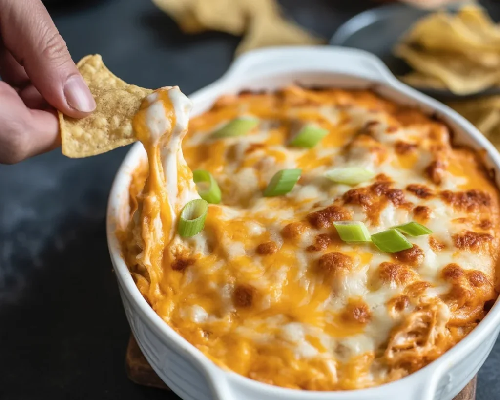 Delicious Buffalo Chicken Dip served in a bowl with tortilla chips.