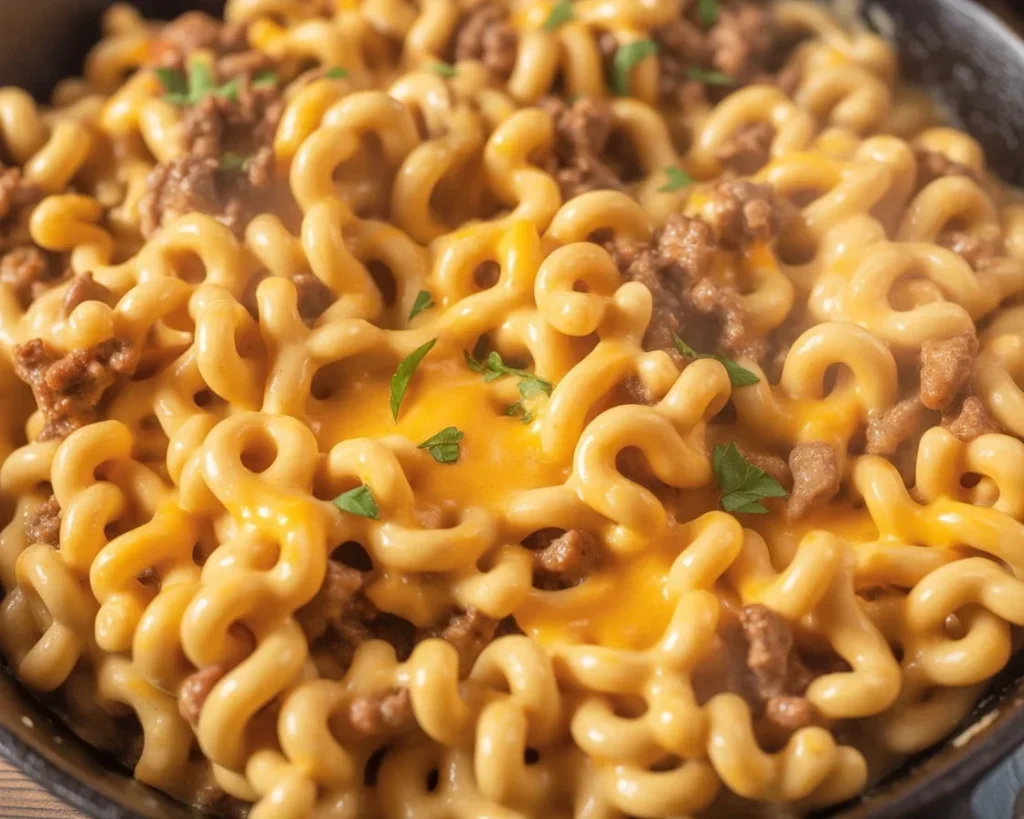 Homemade cheeseburger macaroni served in a bowl with fresh toppings.