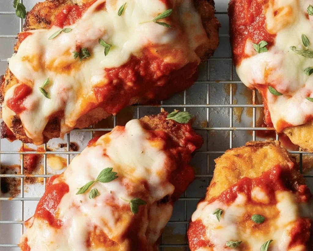 Crispy Chicken Parmesan with marinara sauce and melted cheese, served hot