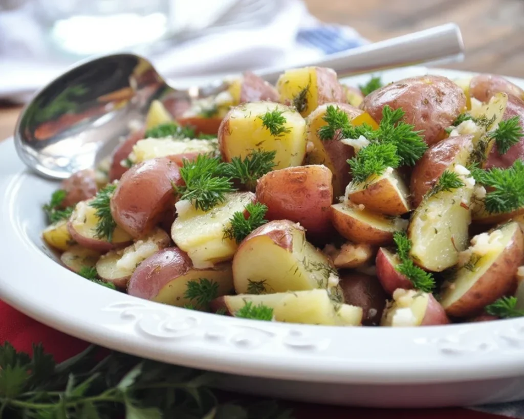 Delicious German Potato Salad with bacon and tangy dressing served warm