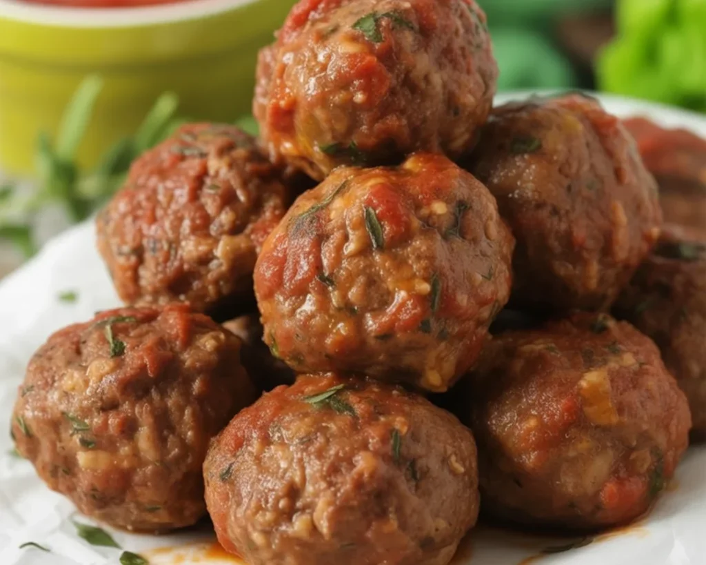Plate of tender and juicy Italian Baked Meatballs with marinara sauce.