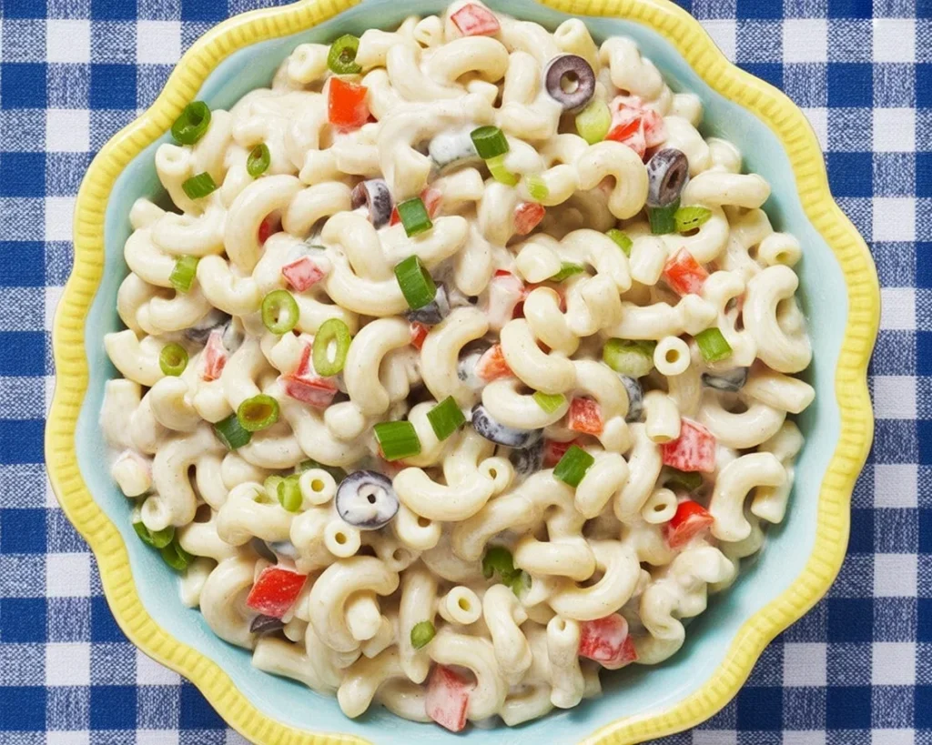Classic macaroni salad with creamy dressing and fresh vegetables in a bowl.