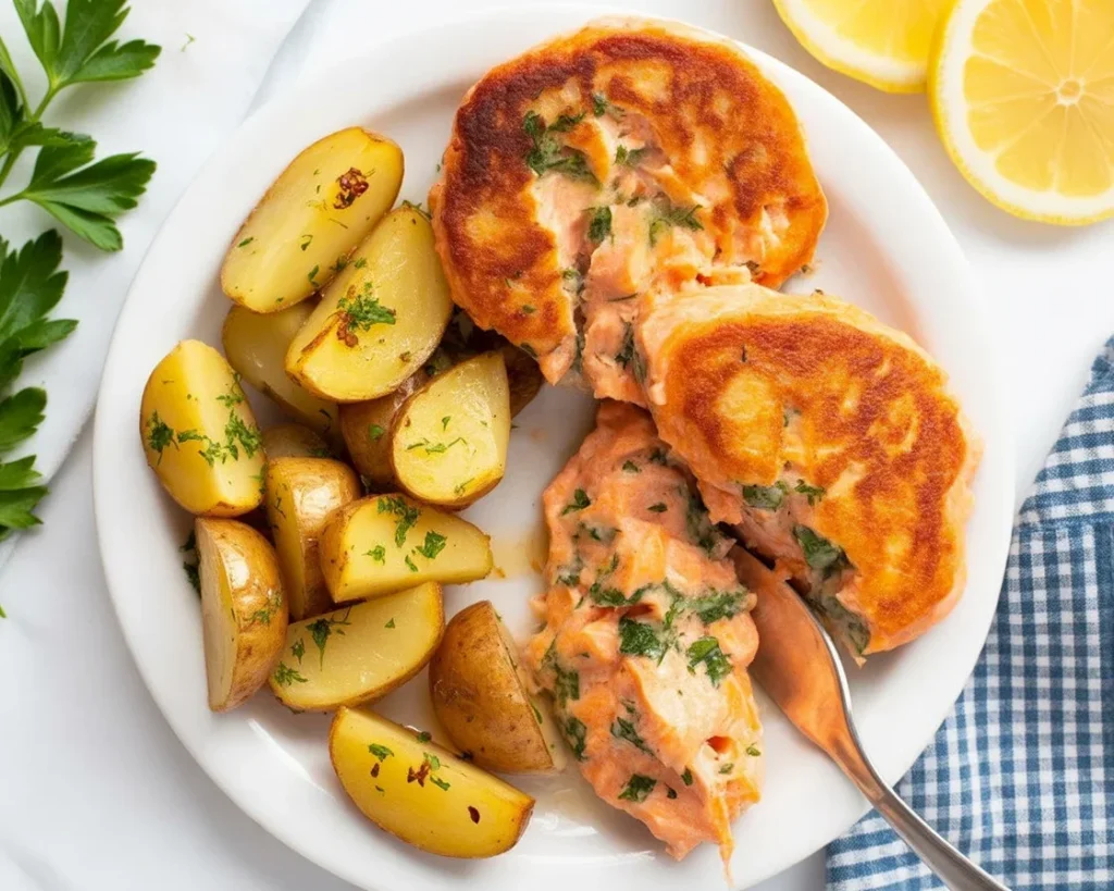 Delicious homemade salmon patties with herbs and breadcrumbs.