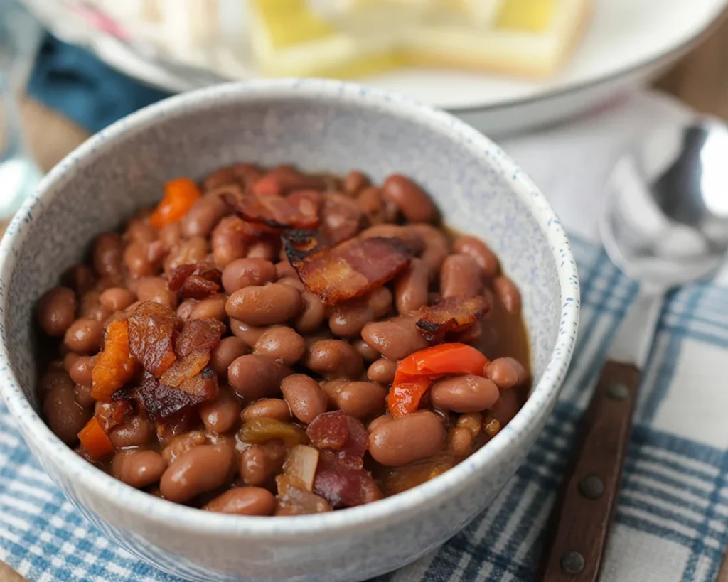 Bean Potluck Casserole topped with crispy bacon and cheese, perfect for gatherings.