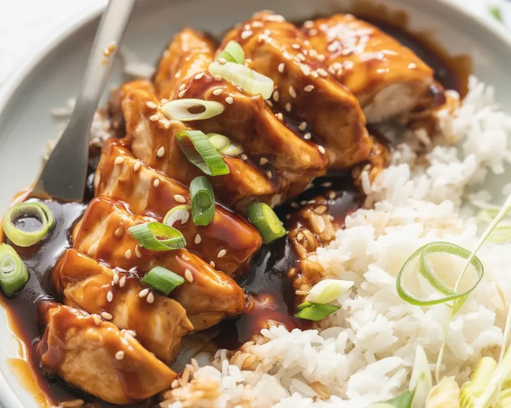 Juicy Baked Teriyaki Chicken served with colorful vegetables on a platter.
