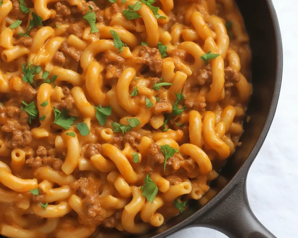 Delicious homemade cheeseburger macaroni with ground beef and creamy cheese sauce.