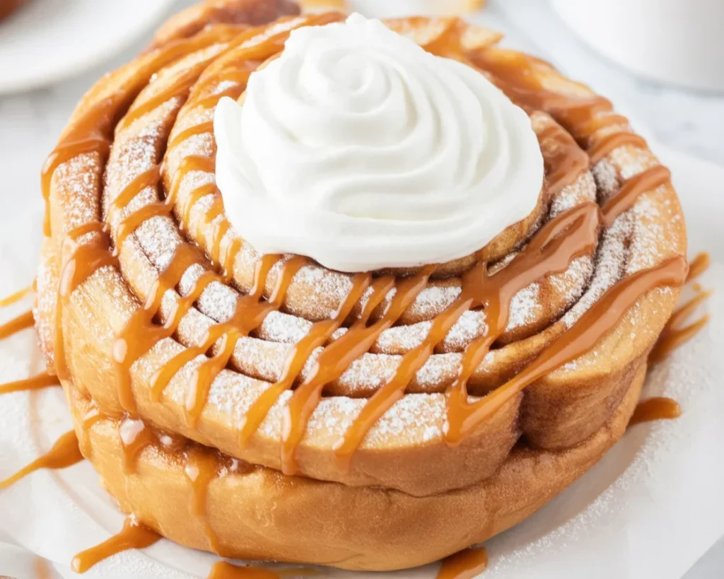 Delicious Apple Funnel Cake topped with caramel and cinnamon sugar.