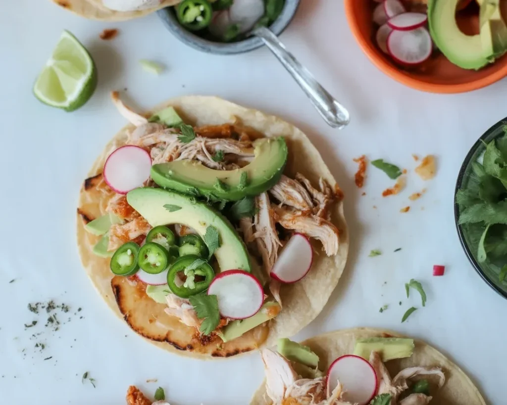 A healthy crockpot chicken dish with fresh ingredients in a slow cooker.