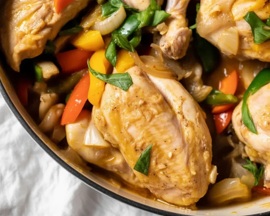 Ratatouille Baked Chicken served with colorful summer vegetables on a plate.