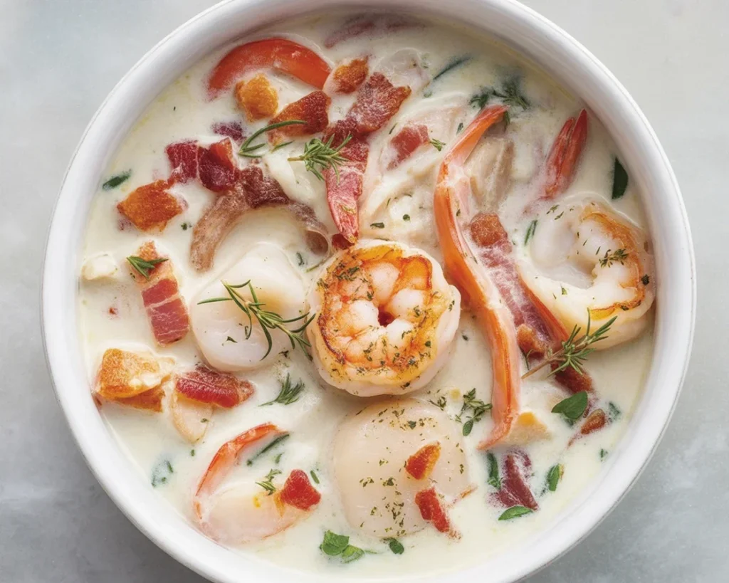A bowl of rich, creamy seafood chowder loaded with shrimp, fish, and herbs.