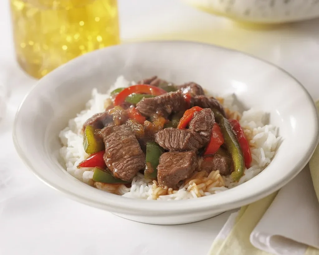 Delicious Slow Cooker Pepper Steak with bell peppers and tender sirloin.