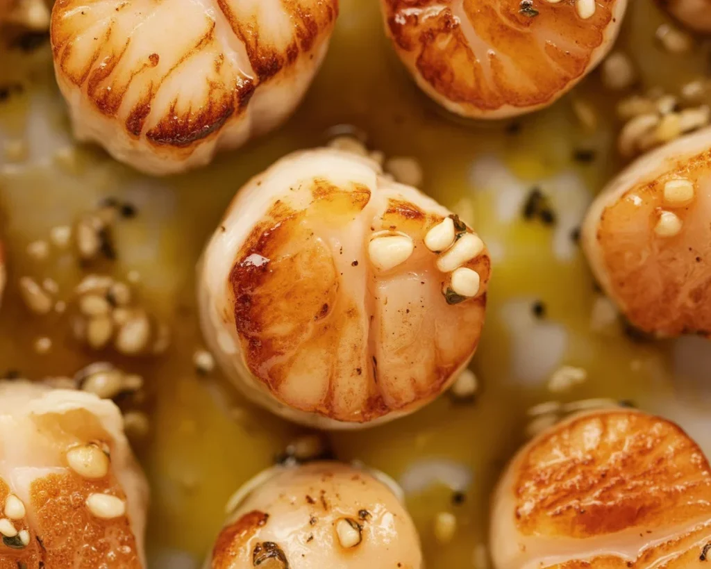 Perfectly seared sea scallops with a golden crust in a skillet.