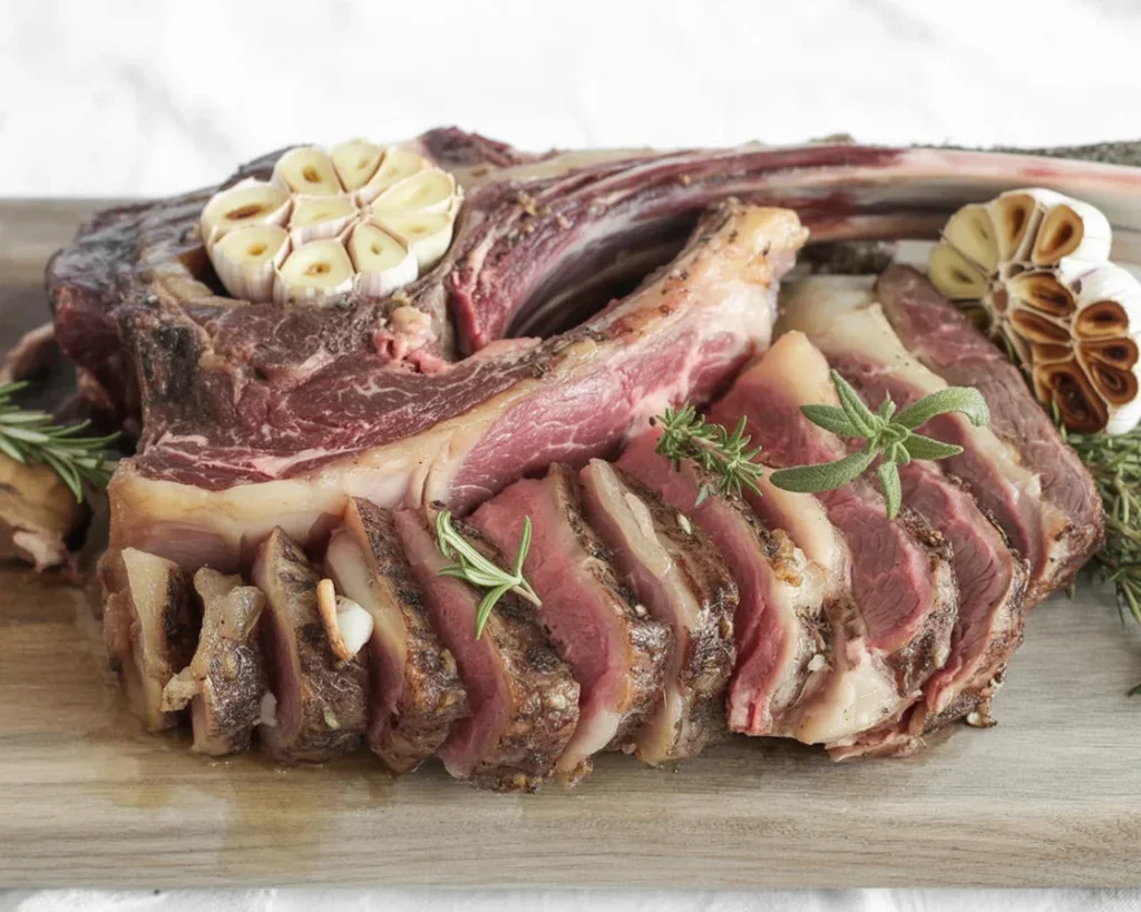 A perfectly grilled tomahawk steak showcasing its juicy, tender meat and long bone.