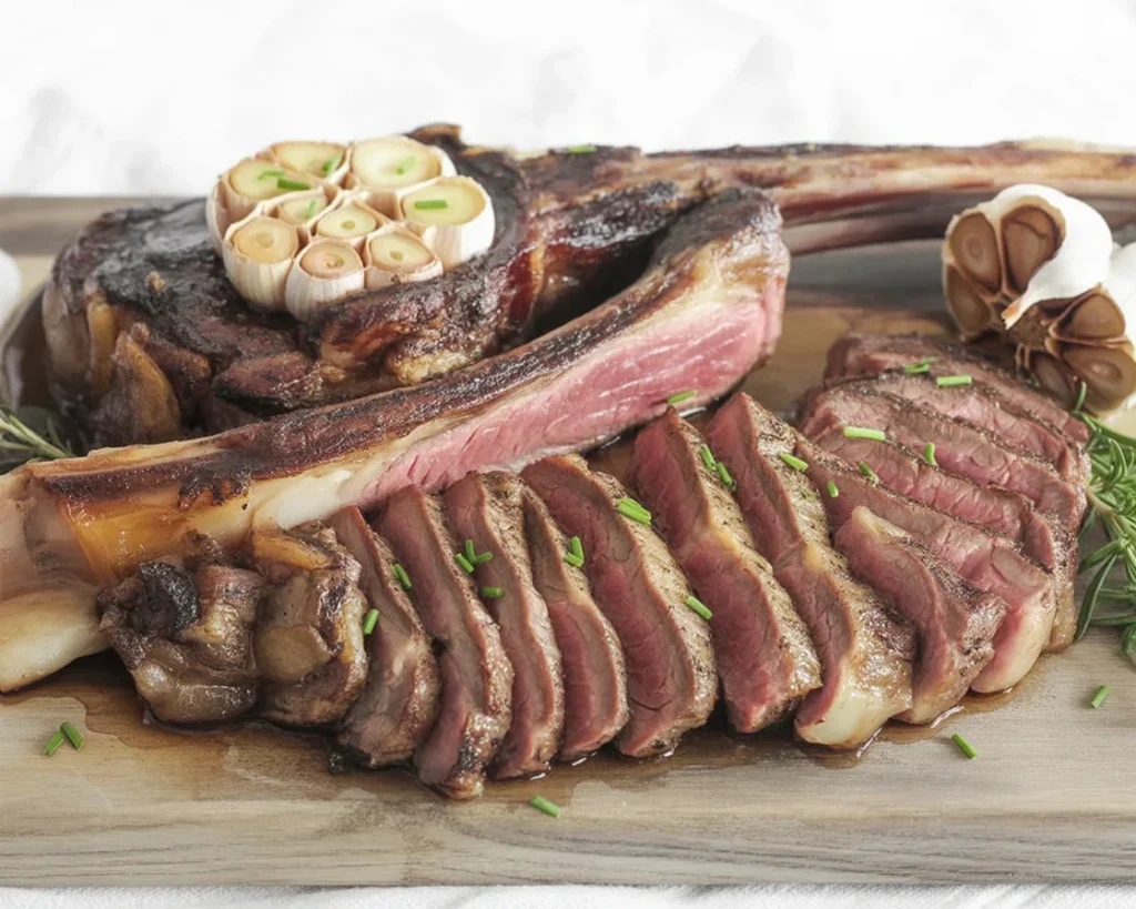 Perfectly grilled tomahawk steak garnished and ready to serve