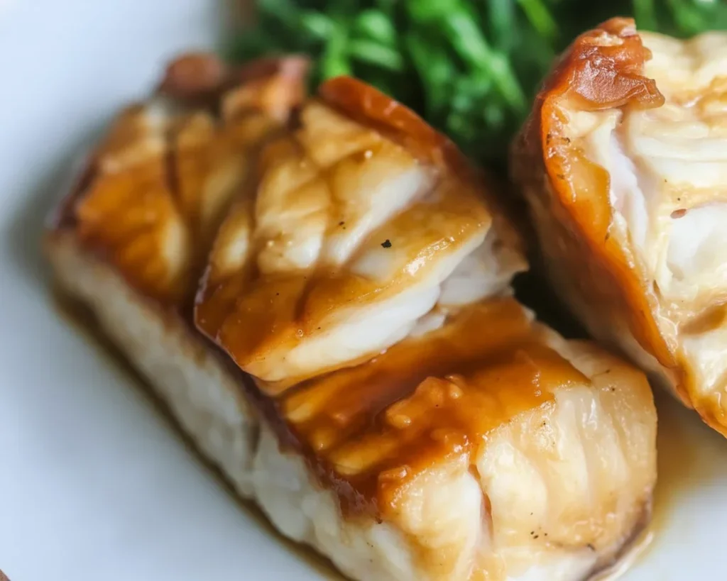Miso and soy Chilean sea bass garnished for a delicious meal.