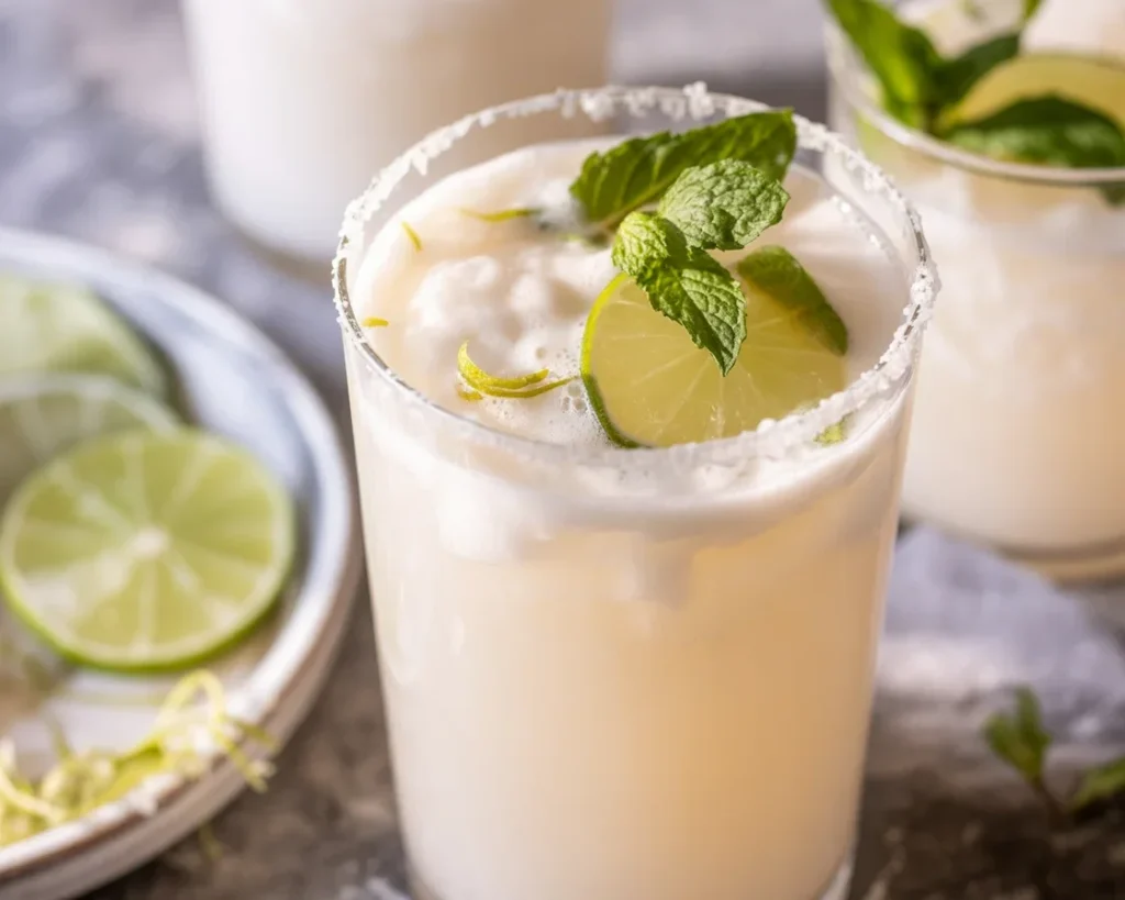Creamy coconut milk mojito with mint and lime in a glass