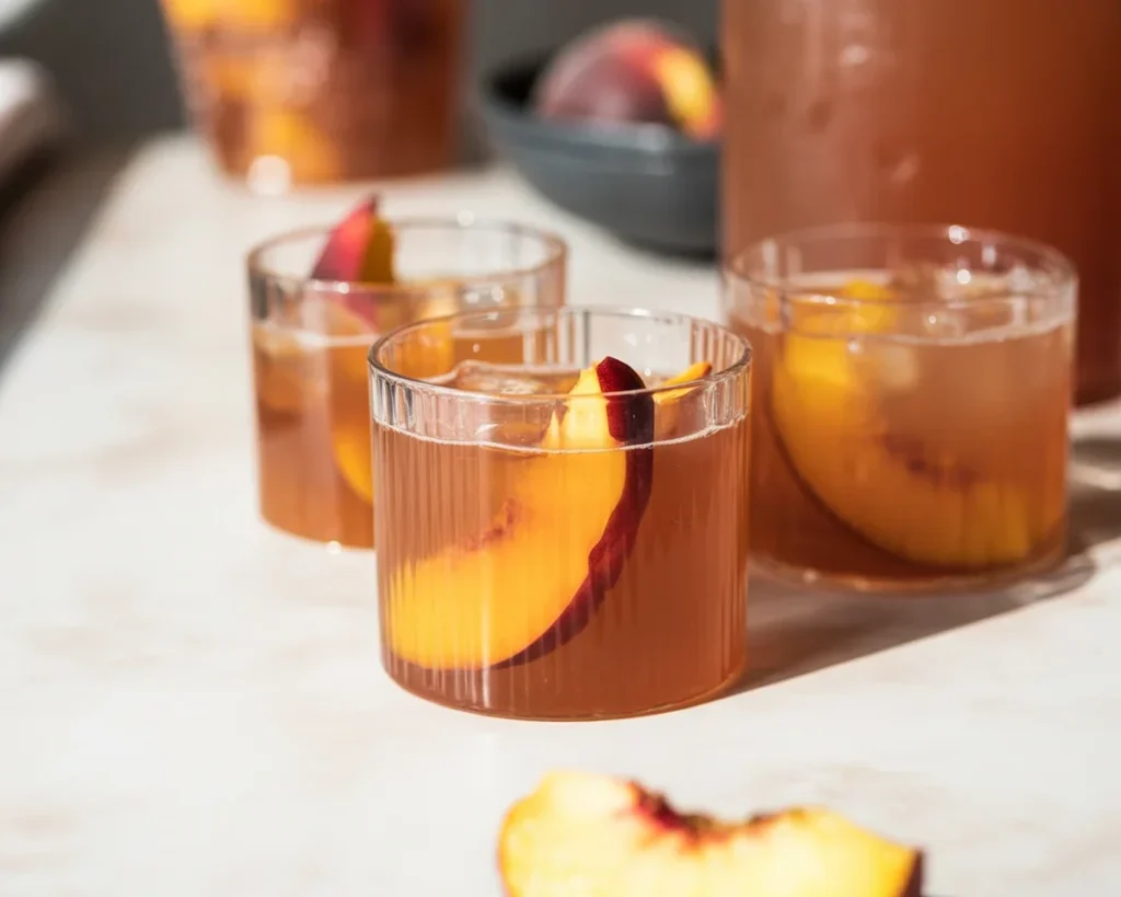 Refreshing Southern peach tea cocktail with bourbon, peach syrup, and iced tea.