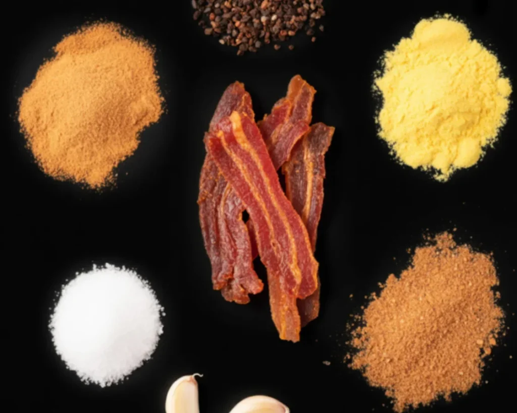 Delicious Beef bacon jerky with a sweet spice blend, perfect for snacking.