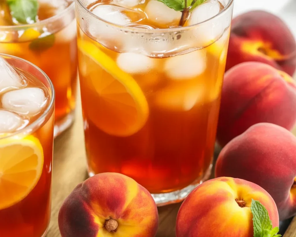 Refreshing Southern Peach Tea with fresh peaches and infused black tea.