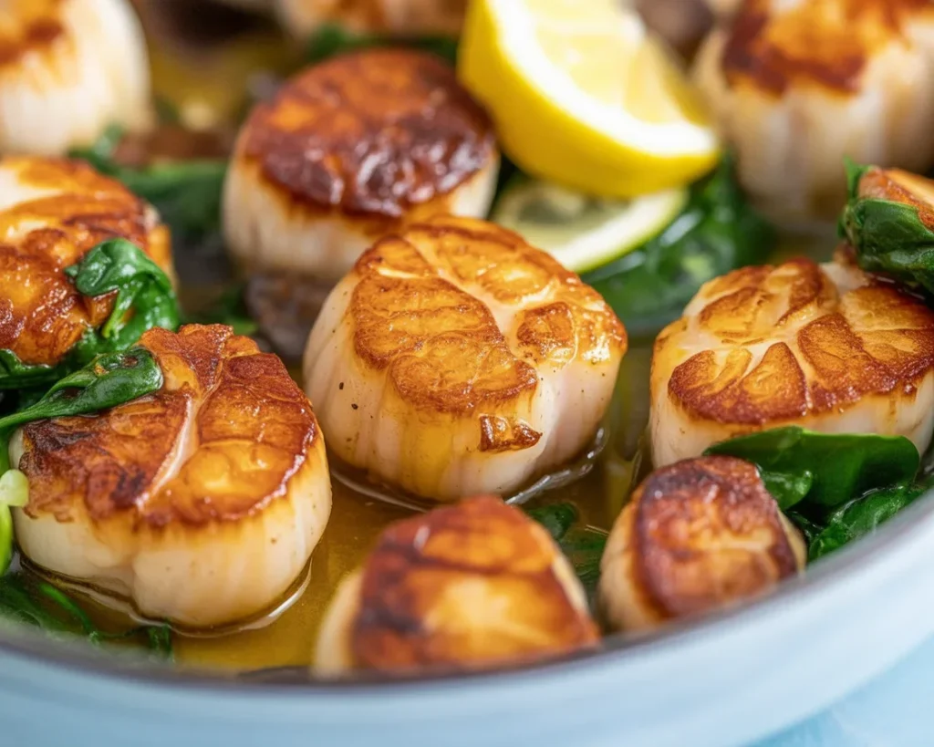 Delicious baked sea scallops topped with garlic butter and breadcrumbs, ready to serve.
