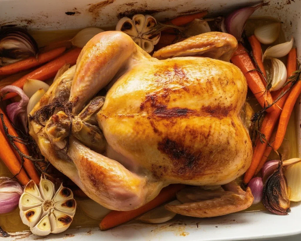 Succulent roasted chicken with crispy golden skin and herbs, ready to serve.