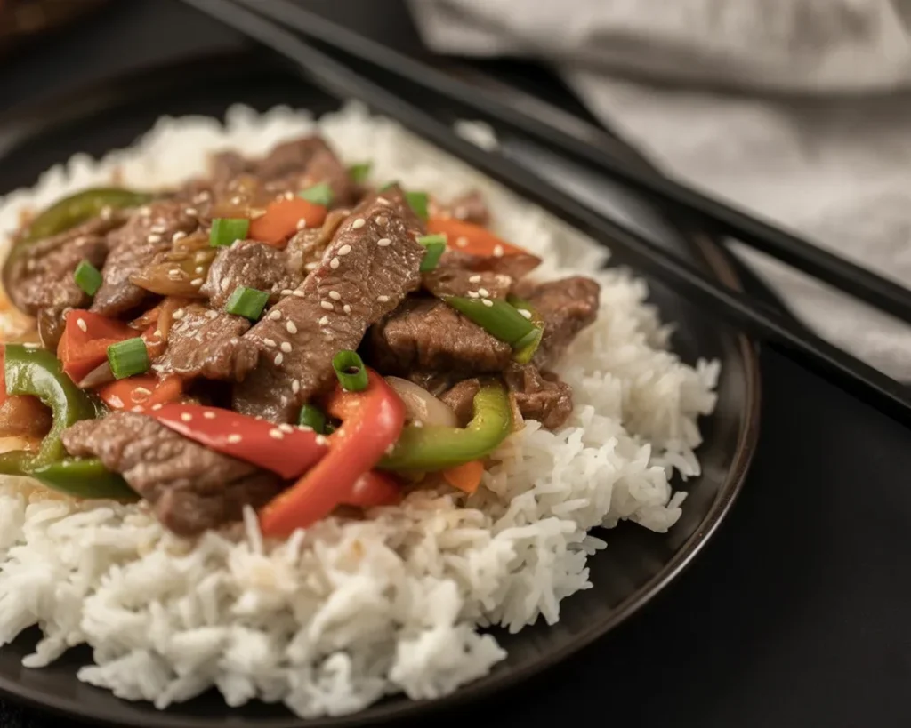 Slow Cooker Pepper Steak with tender beef, bell peppers, and onions in a savory sauce.