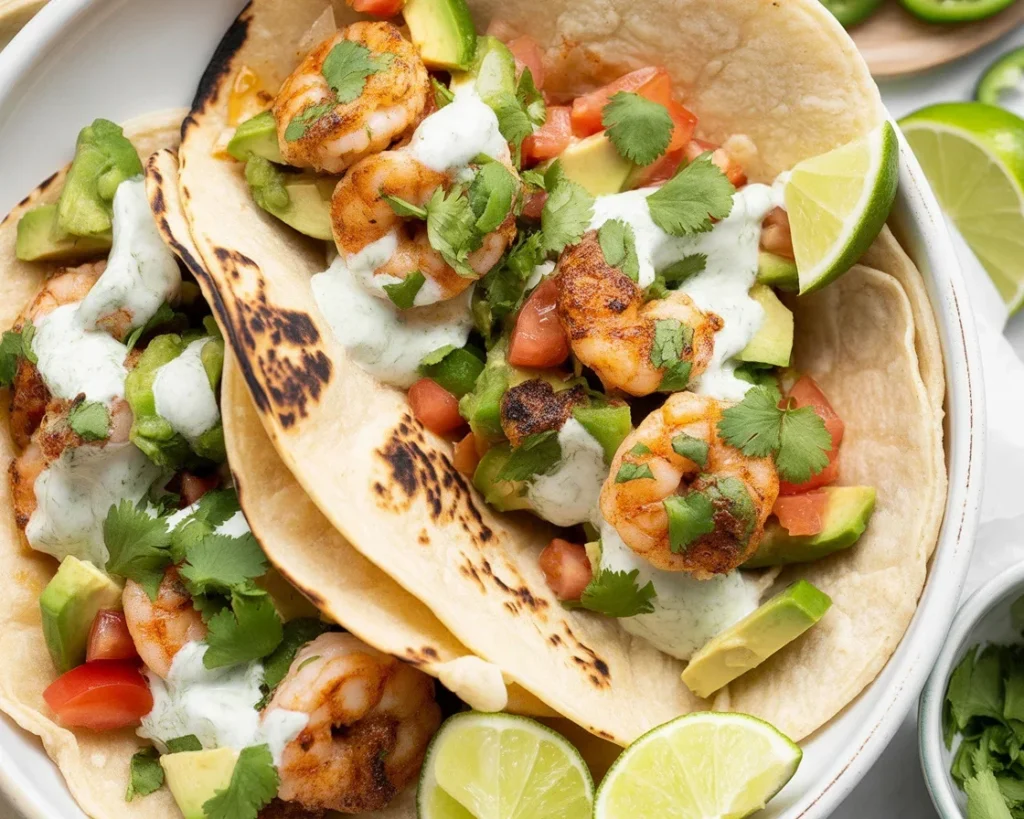 Spicy shrimp tacos with creamy garlic cilantro lime slaw and avocado on a plate