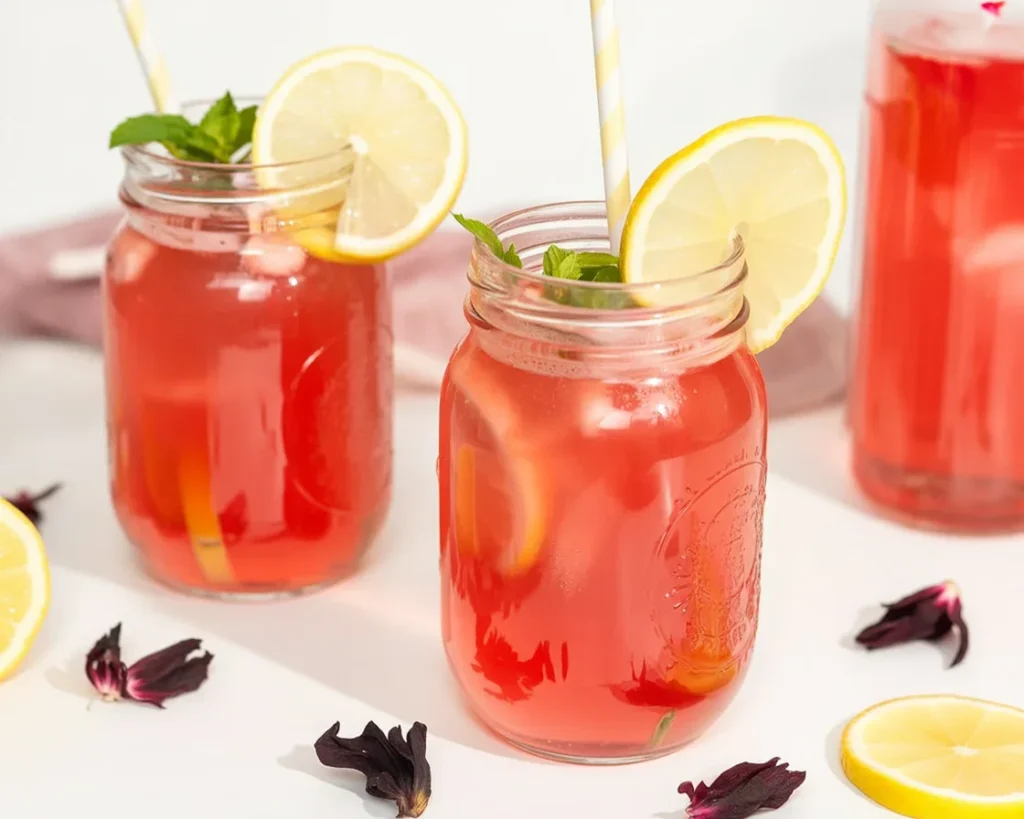 Hibiscus Strawberry Lemonade Refresher with fresh strawberries and lemon slices.