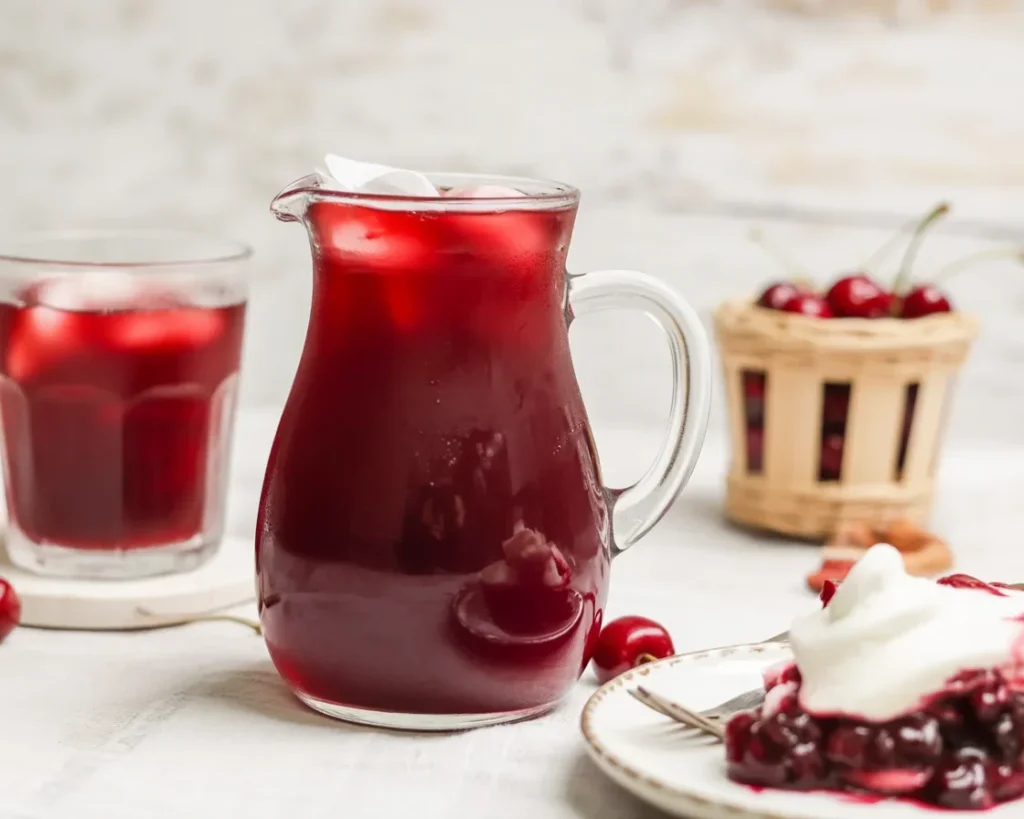 A refreshing glass of Cherry Pie Iced Tea garnished with fresh cherries.