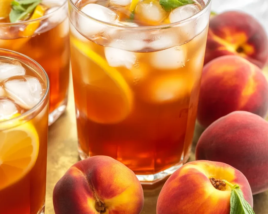 A refreshing glass of Southern Peach Tea with ripe peaches and ice.