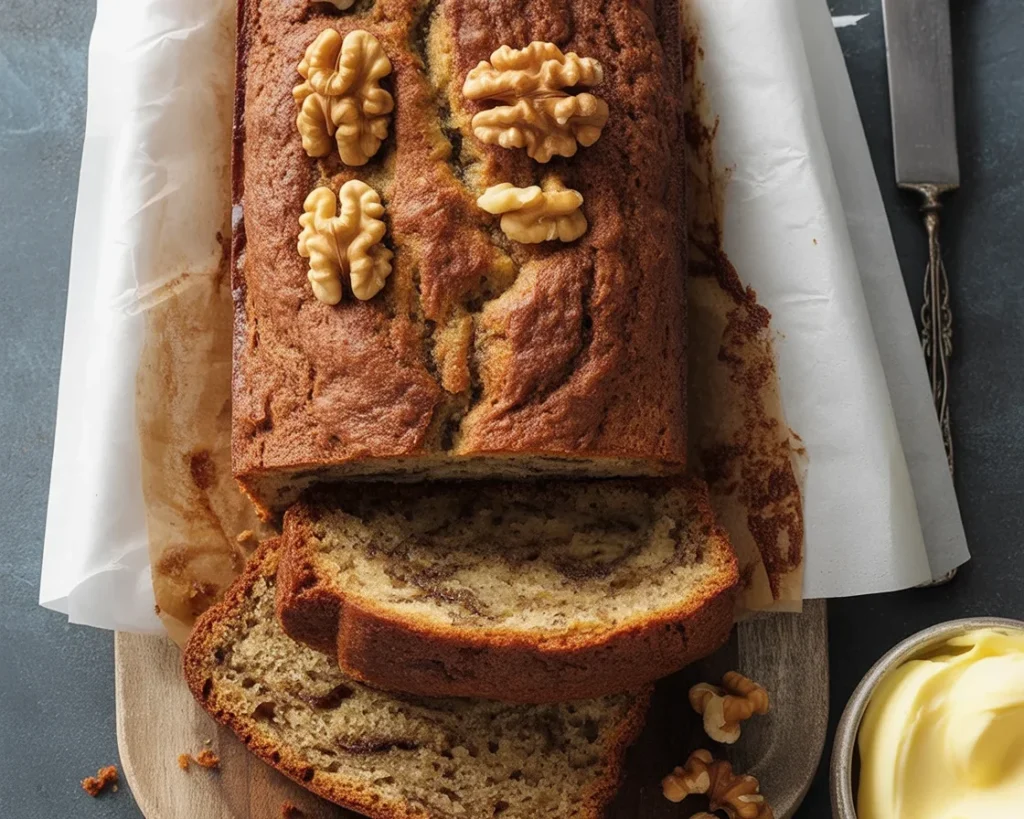 Sliced banana bread enhanced with chocolate chips and walnuts, showcasing delicious upgrades.