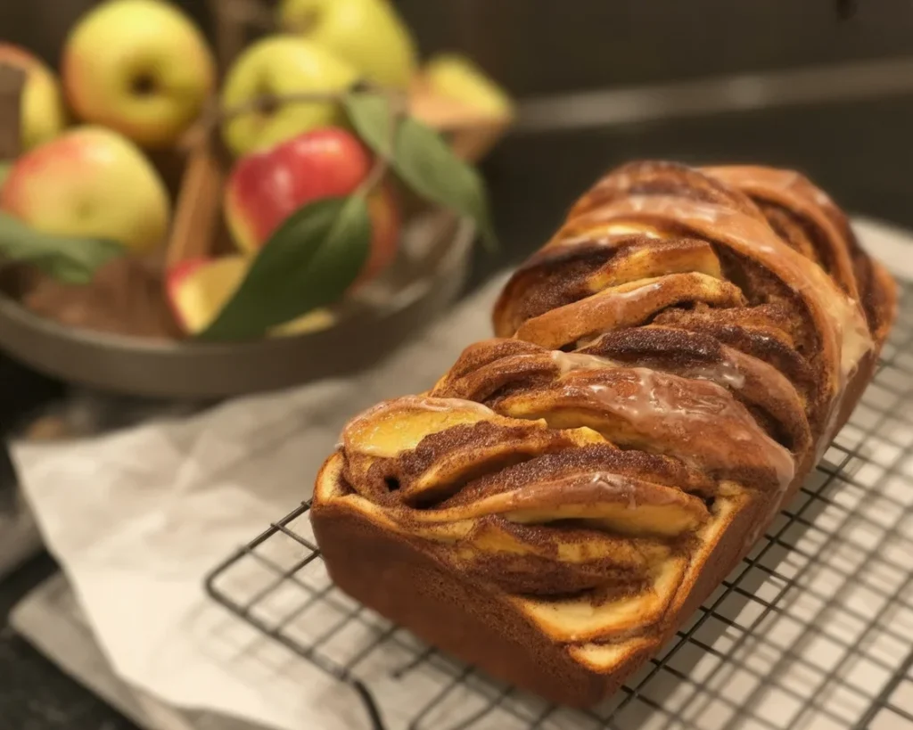 Delicious Chai-Spiced Apple Babka topped with caramelized apples and spices, ideal fall dessert.