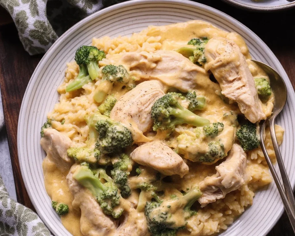 Crockpot Creamy Broccoli Cheddar Chicken with rice and vegetables in a slow cooker.