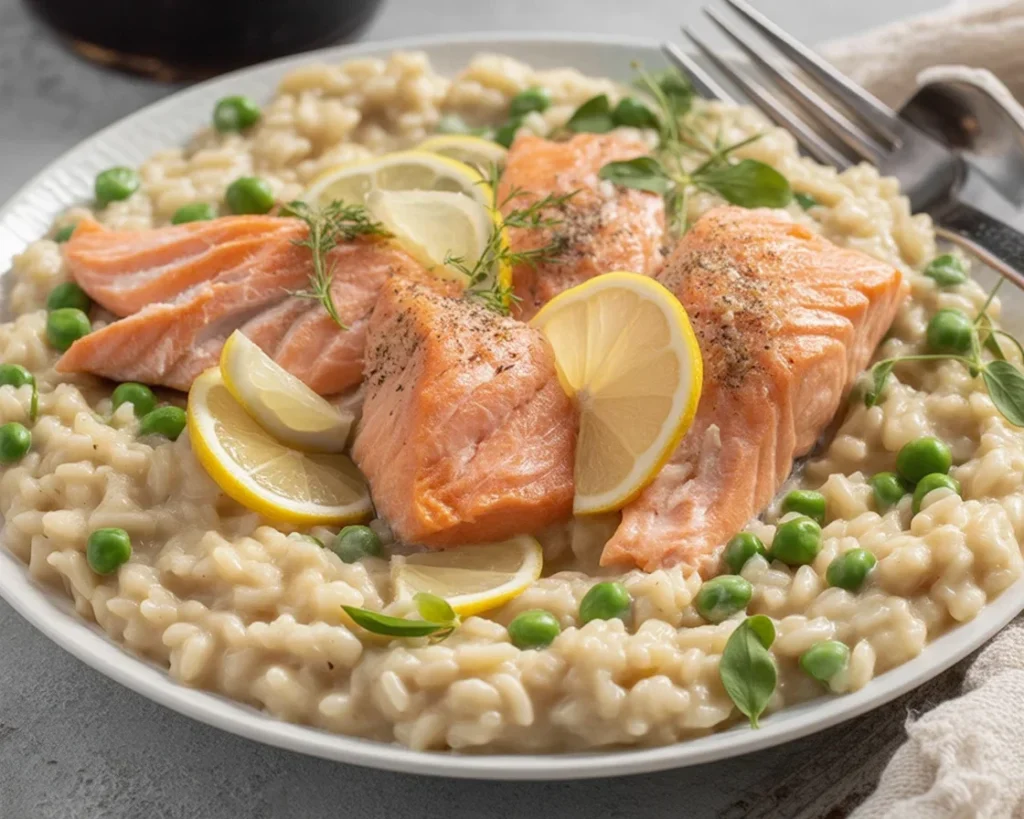 Creamy Smoked Salmon & Lemon Risotto topped with herbs and lemon zest.