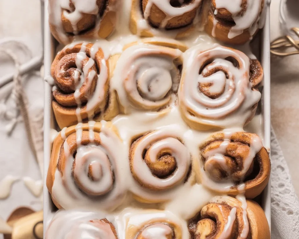 Fluffy Eggnog Cinnamon Rolls topped with creamy eggnog icing and sprinkled with nutmeg.