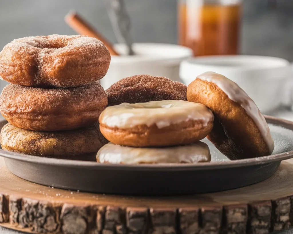 Delicious Apple Cider Hawaiian Roll Donuts topped with cinnamon-sugar.