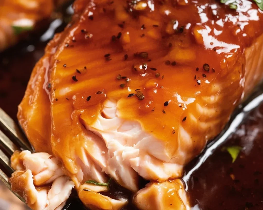 Delicious Honey Garlic Glazed Salmon served with a vibrant garnish.