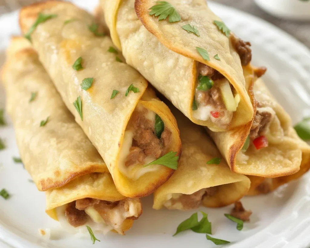 Keto Philly Cheesesteak Roll Ups with beef, cheese, and veggies on a plate.