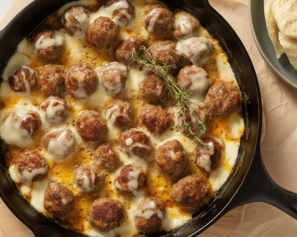 Cheesy French Onion Meatballs with caramelized onions and melted Gruyère cheese in a savory sauce.