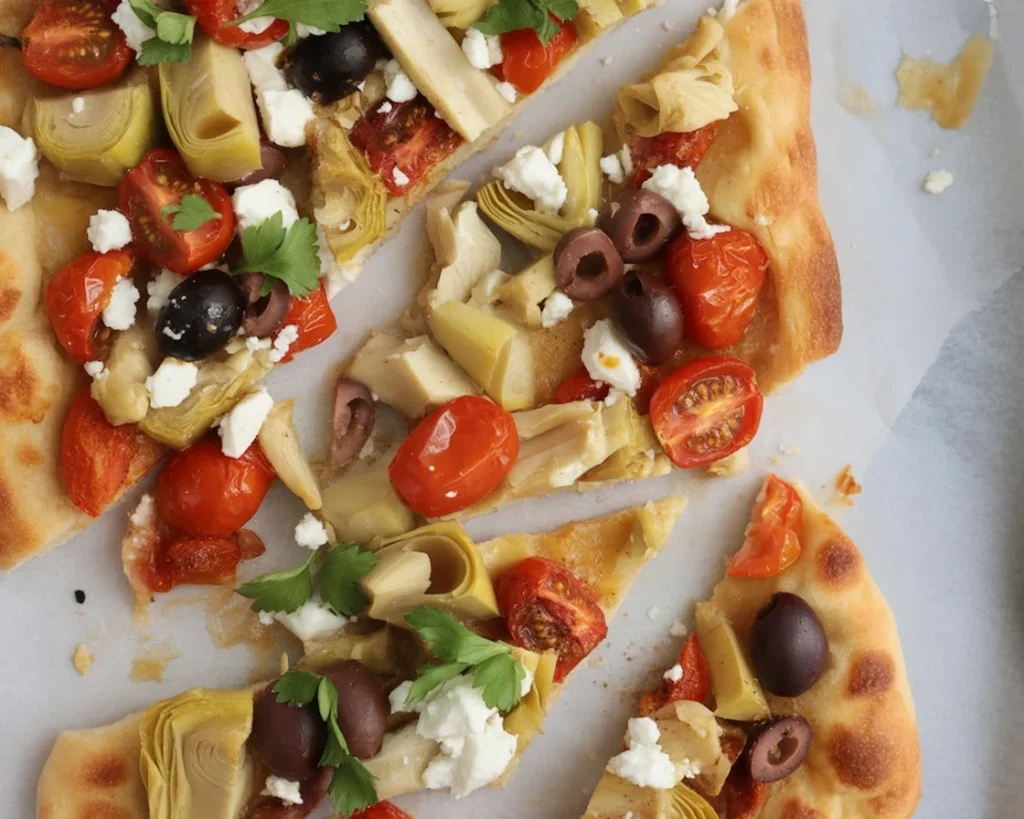 Mediterranean Flatbread topped with artichokes, olives, tomatoes, and roasted garlic.