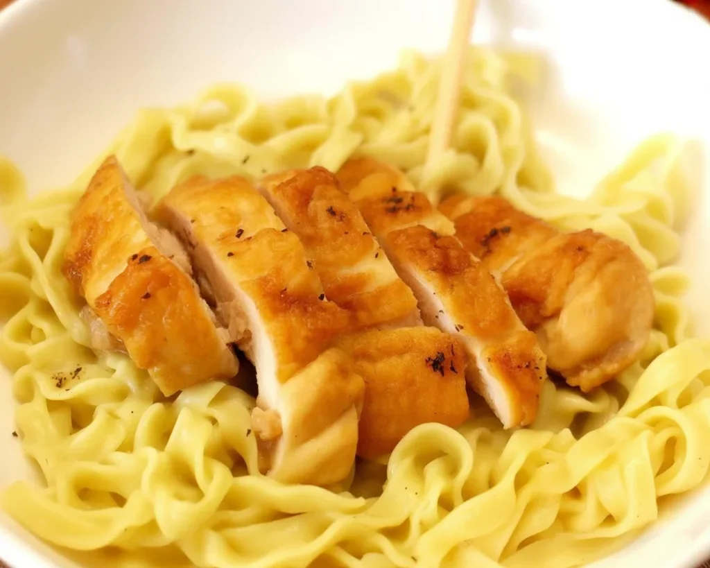 Delicious Chicken Noodles with Butter, featuring tender chicken and rich garlic flavors.