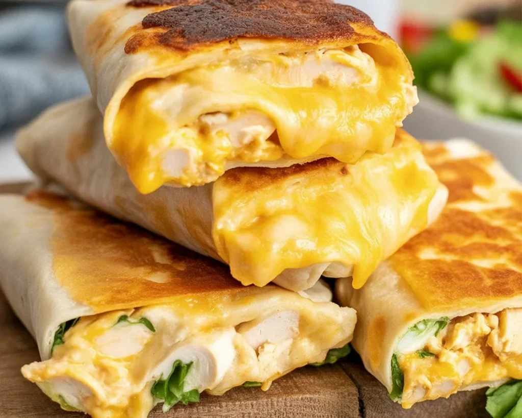 Delicious Cheesy Garlic Chicken Wraps with chicken, cheese, and garlic sauce wrapped in tortillas.