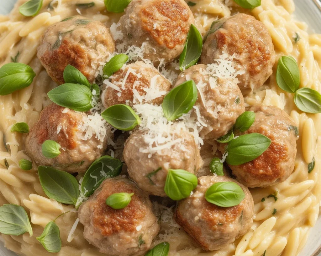 Lemon Chicken Ricotta Meatballs served with garlic orzo and spinach